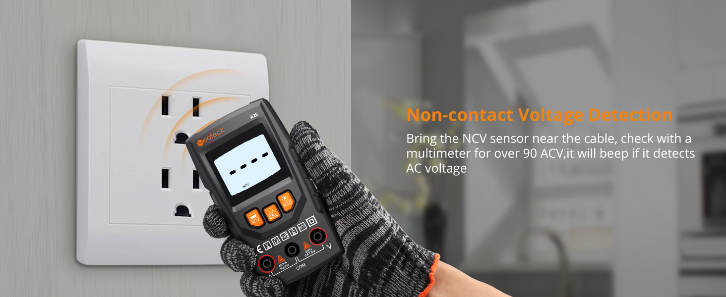 Digital voltage meter device with LCD display and coiled cord being used to test an electrical wall outlet.