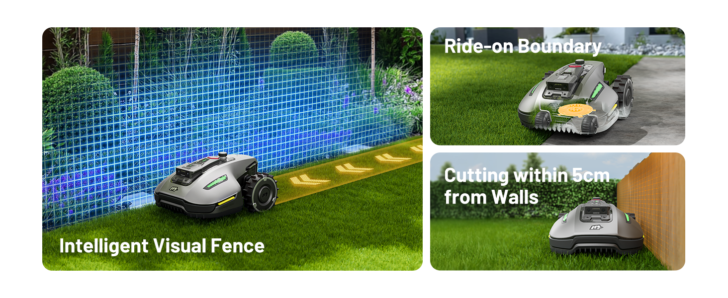 Robotic lawn mower with three feature panels: intelligent visual fence, ride-on boundary capability, and cutting within 5cm of walls. Gray device with yellow accents shown on grass.
