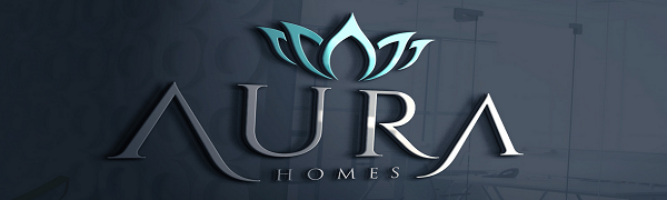 Aura Homes logo with stylized text and lotus-shaped symbol in teal and gray on a dark background.