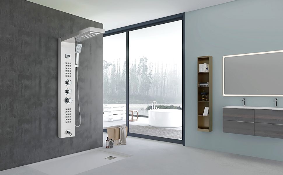 SUGUWORD Thermostatic Shower Tower Panel System Stainless Steel 5 Functions Rainfall Waterfall Shower Head Hydroelectricity Massage Jet Handheld Shower Sprayer Wall Mounted Black 10 1