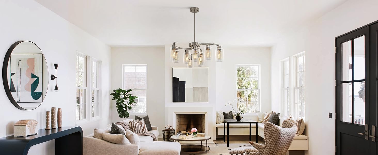 CNRATYE 9Light Brushed Nickel Glass Chandelier, Adjustable Height