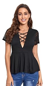 SOLY HUX Women's Sexy Criss Cross V Neck Short Sleeve Babydoll Peplum Top Blouse Shirts