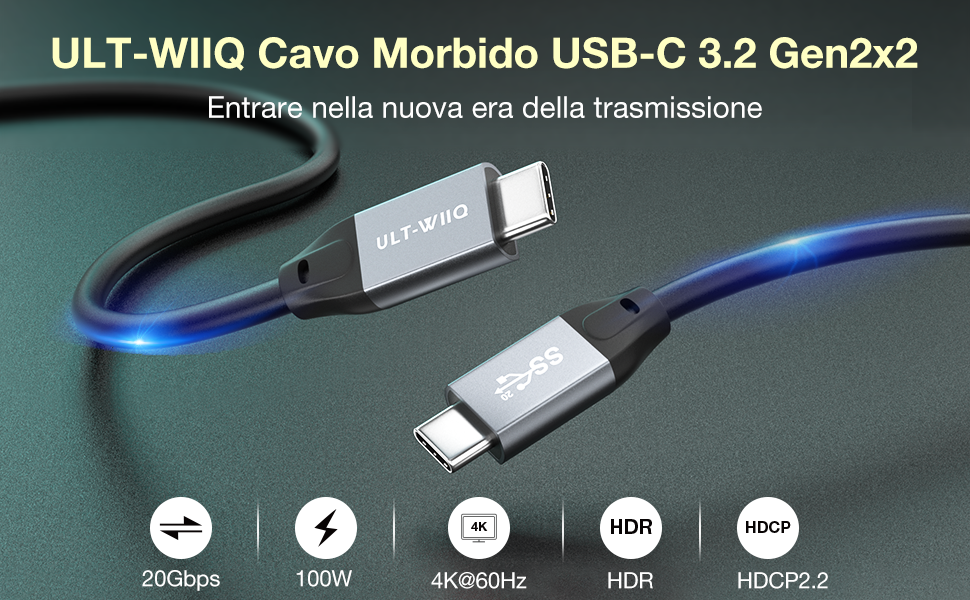 Cable USB C de 20 Gbps de 100 W, cable de datos USB 3.2 Gen2x2 ultra
