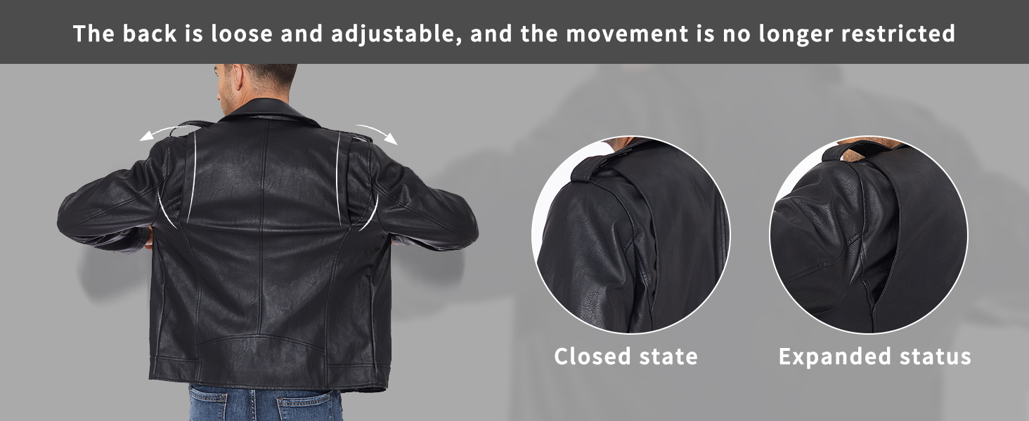 Schwarze Lederjacke mit verstellbarem Rückenteil. Drei Bilder zeigen den geschlossenen Zustand, den erweiterten Zustand und die Person, die die Jacke trägt, was eine vergrößerte Bewegungsfreiheit zeigt.