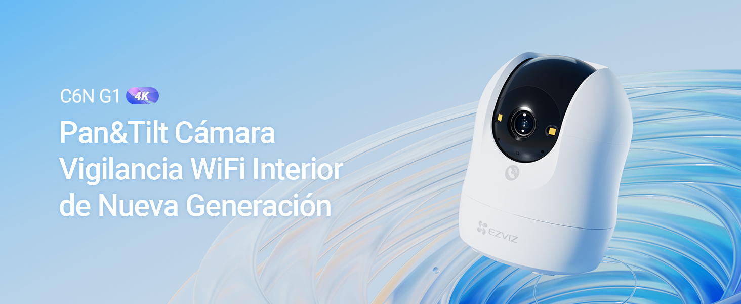 El texto dice «Pan&Tilt Cámara» y «Vigilancia WIFI Interior». Banner del producto que muestra una cámara de seguridad esférica blanca sobre un fondo azul.