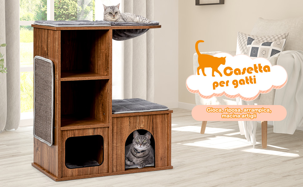 COSTWAY Tiragraffi Per Gatti Grandi Adulti, Tiragraffi Gatto Con Cuccia, Amaca, Piattaforme E Cuscini Rimuovibili, Albero Tiragraffi Da Divano In Legno, Portata 20 Kg, 69 X 39 X 80,5 Cm 13 1