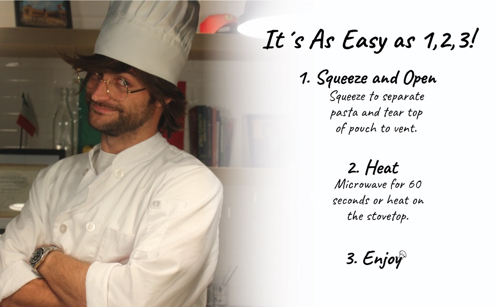 Its as easy as 1 2 3! Squeeze and open the pouch, heat for 60 seconds in the microwave and enjoy