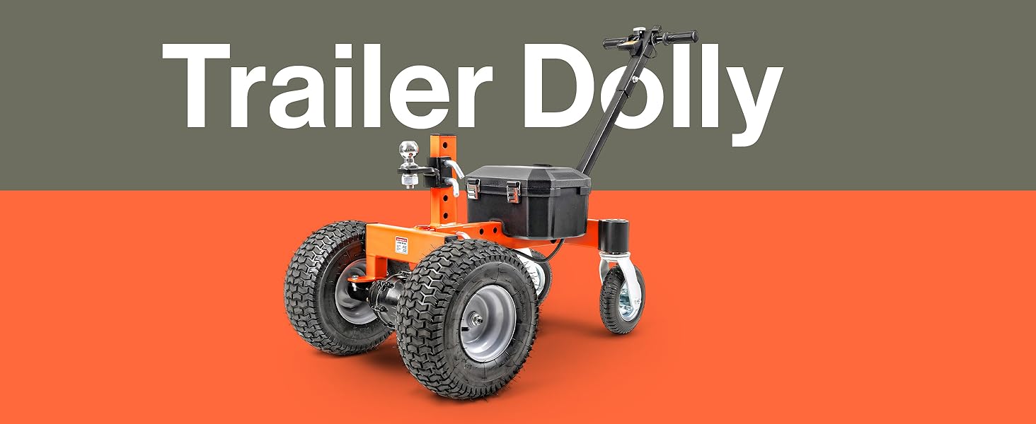 Text reads 'Trailer Dolly'. Orange and gray wheeled trailer mover device with heavy-duty wheels.