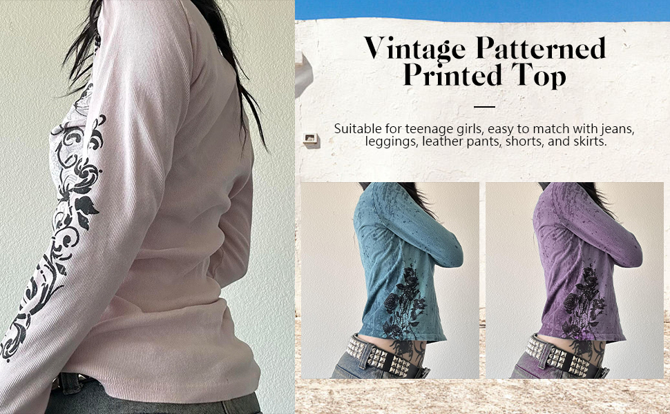 Women Y2K Gothic Graphic Print Long Sleeve Tops Grunge Crew