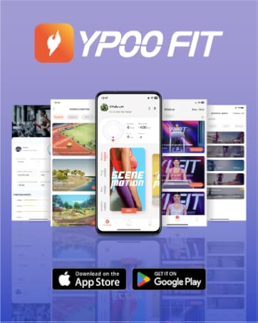 Smartphone displaying YPOO FIT app interface with multiple screens showcasing fitness content, social features, and workout tracking. App Store and Google Play download buttons visible.