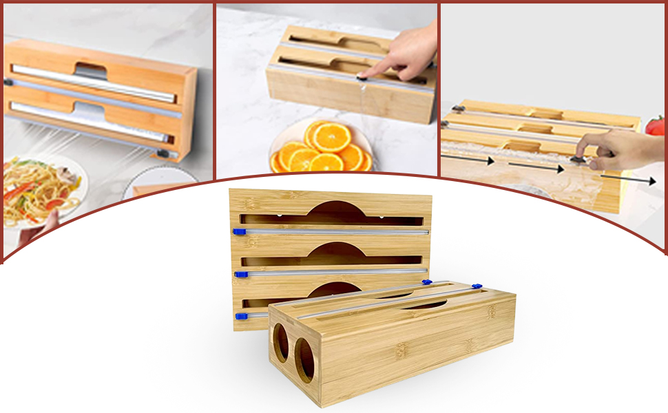 2 in 1 Bamboo Plastic Wrap Dispenser with Cutter and Labels, Wax Paper, Organizer