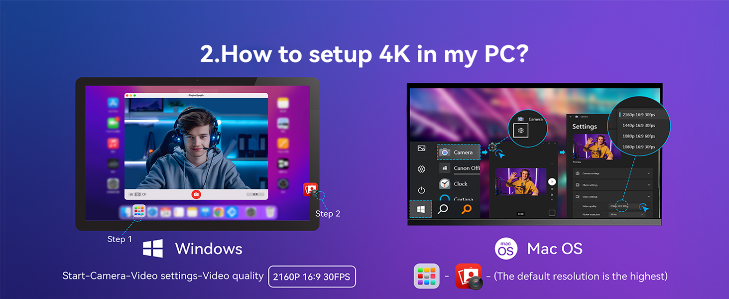 Comparison of 4K setup on Windows and Mac OS. Left shows video playback, right displays multiple application windows. Both demonstrate high-resolution display capabilities on different operating systems.