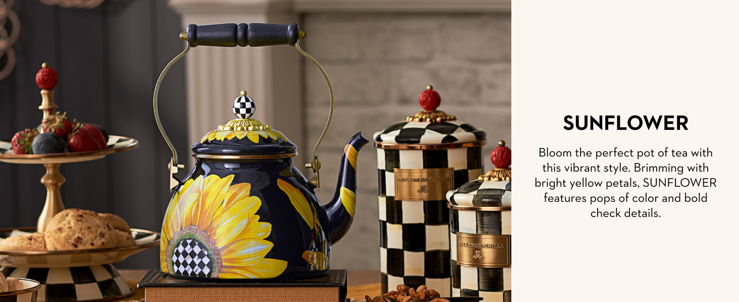 Sunflower decor, yellow and black tea kettle
