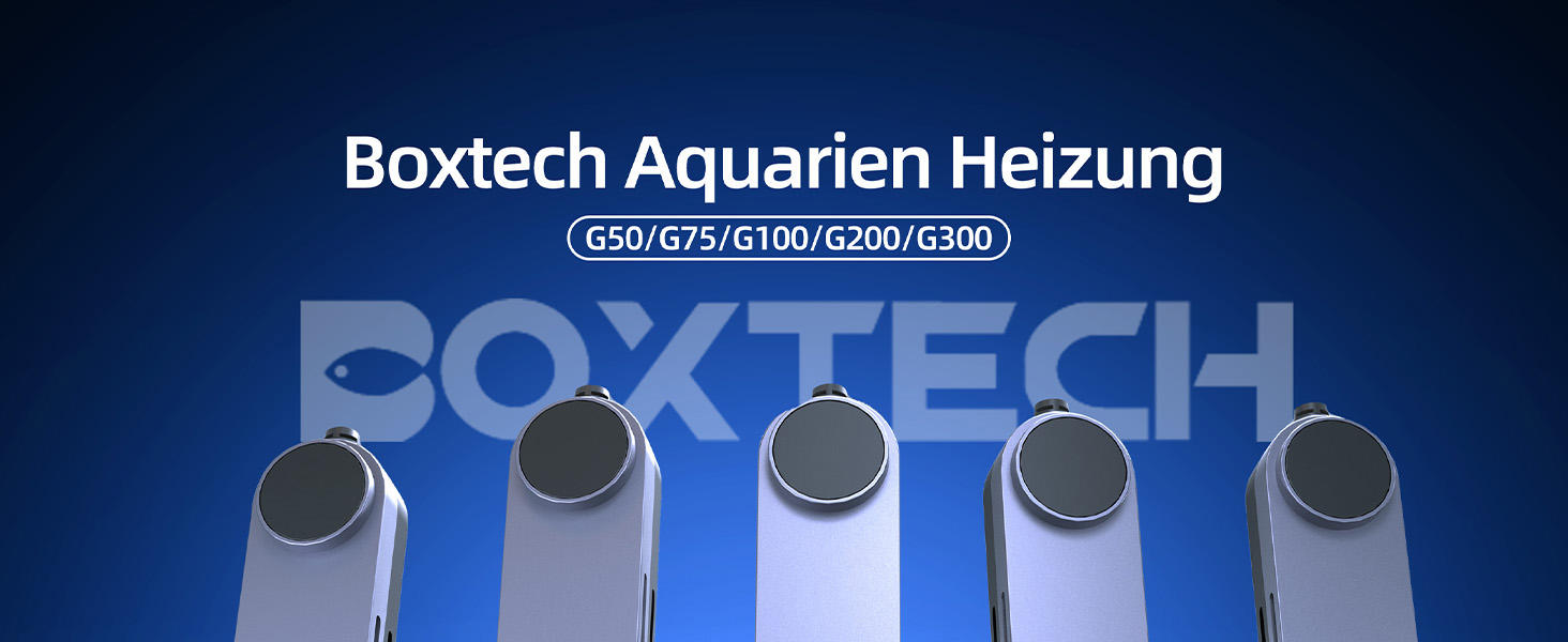 Der Text lautet „Boxtech Aquarien Heizung“. Reihe von blau getönten technischen oder Werbebildern, die Geräte für Aquarien zeigen.