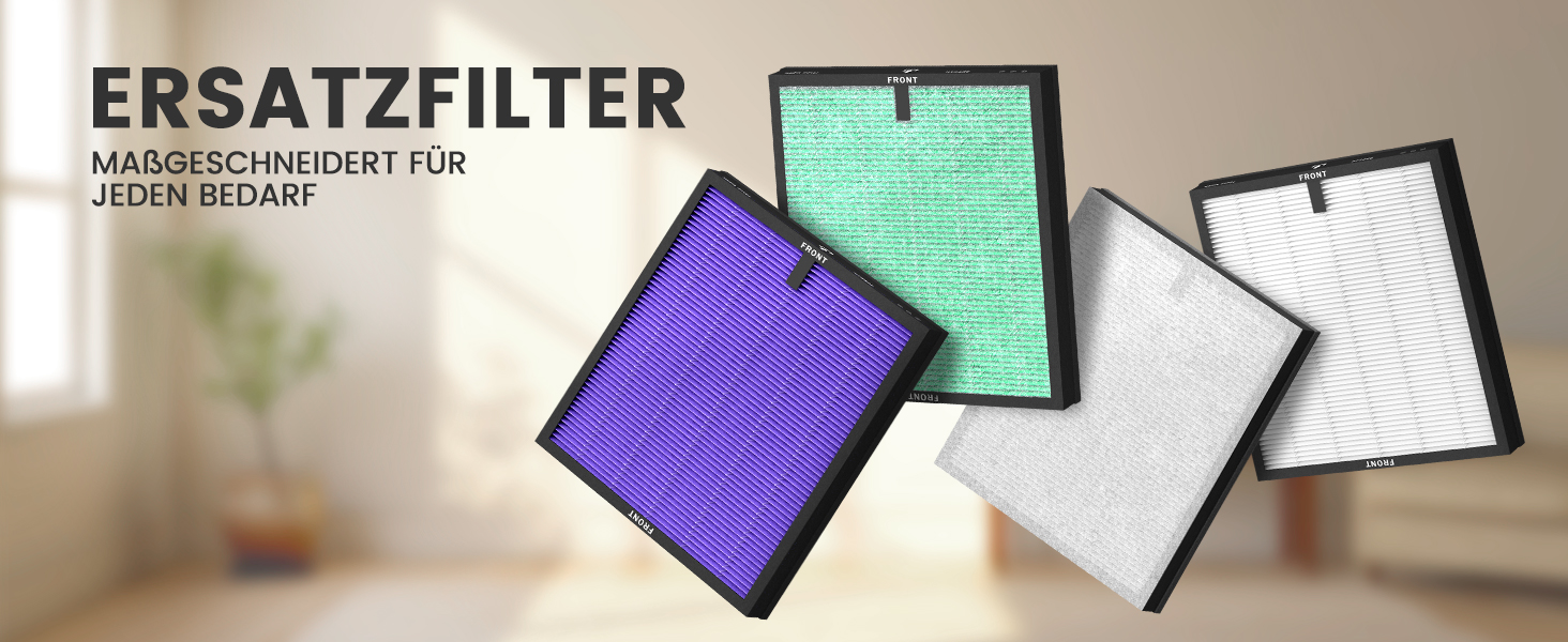 Ersatzfilterset mit mehreren rechteckigen Filtern in den Farben Grün und Violett mit der Aufschrift „ERSATZFILTER“.