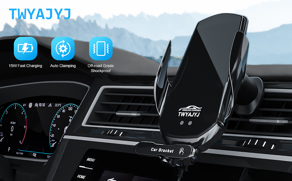 Car phone mount with wireless charging capability attached to air vent. Dashboard and mountain scenery visible through windshield.
