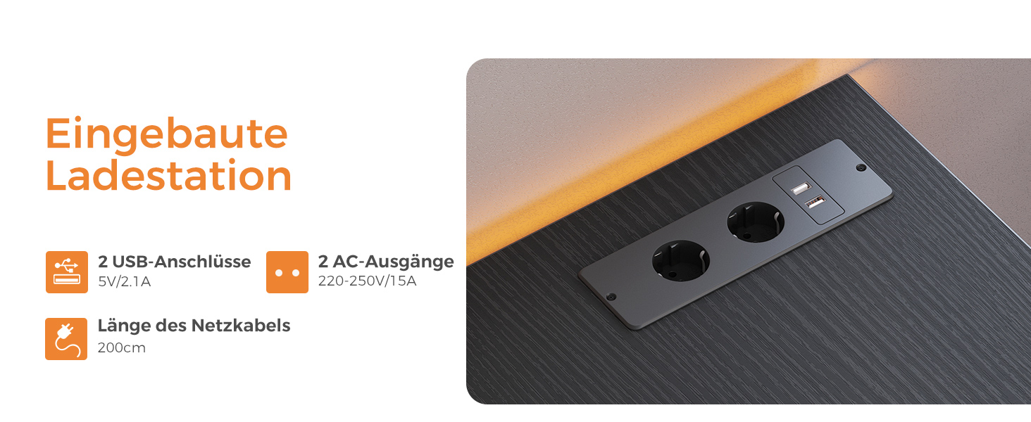 Eingebautes Kraftwerk mit mehreren schwarzen Steckdosen, die auf einer dunklen Holzoberfläche montiert sind und mit deutscher Textbeschriftung versehen