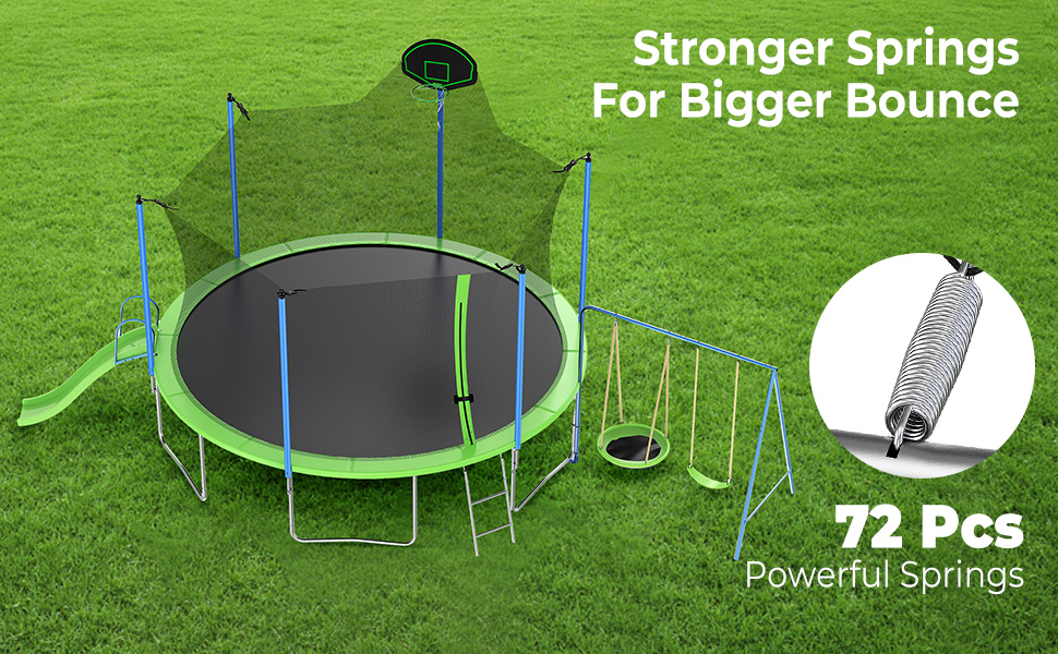 Lyromix 14FT Trampoline with basketball hoop, slide, and swings in a green backyard setting, highlighting its built-to-last, safety certified, rust-resistant, and sturdy construction.