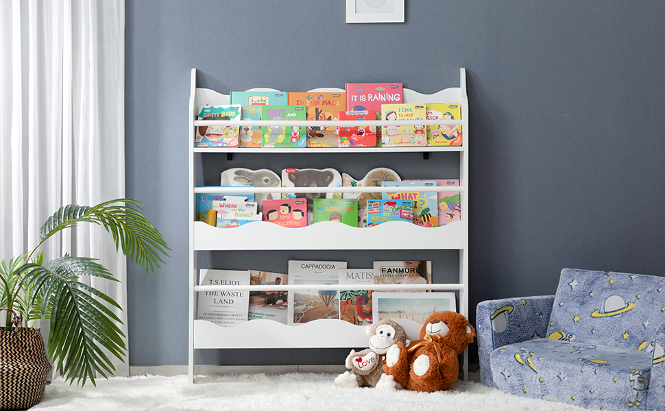ALIMORDEN 3Tier Kids Bookshelf, White Children's Bookcase Wall Mounted, Reading