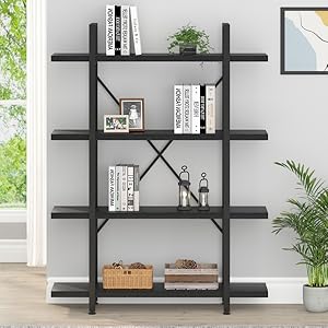  HSH 4 Tier Black Bookshelf, Industrial Metal Wood Storage Book Shelves Heavy Duty 4 Shelf