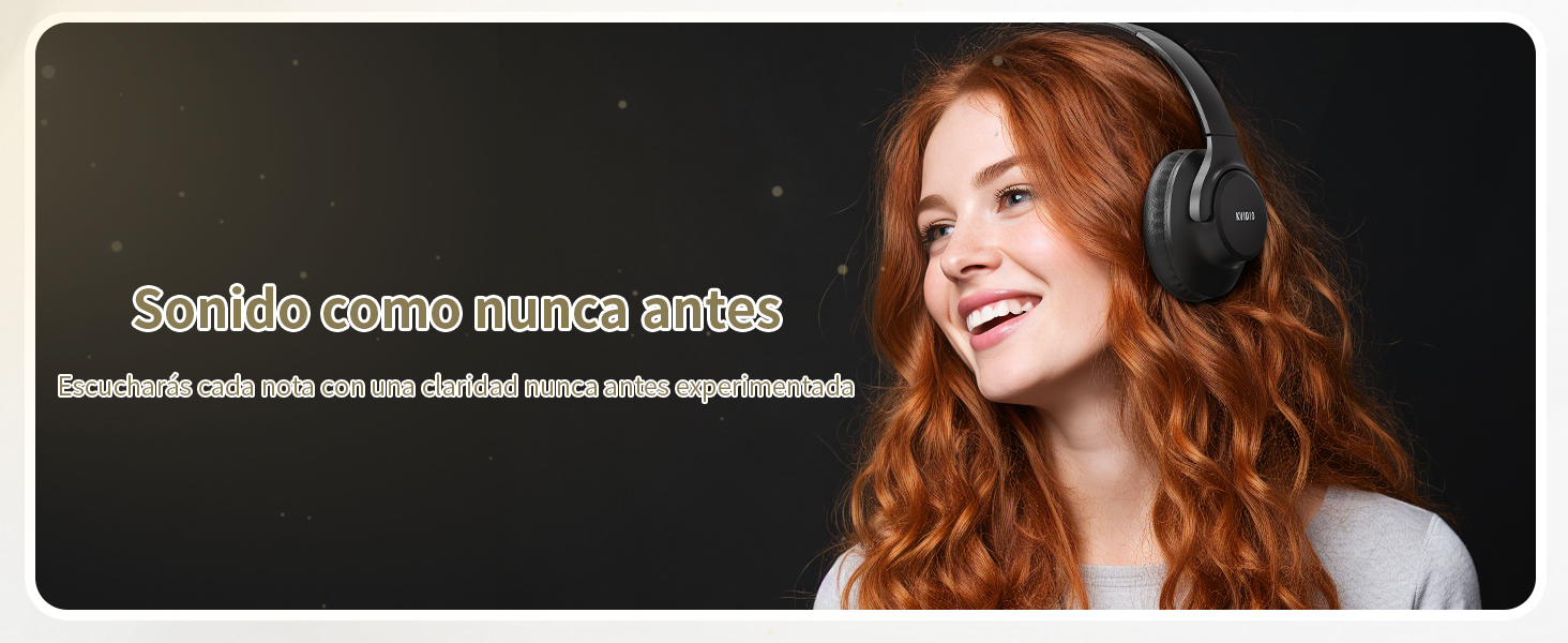 Auriculares inalámbricos supraaurales que usa una persona con cabello rojo largo y rizado. Los auriculares son negros con un diseño elegante