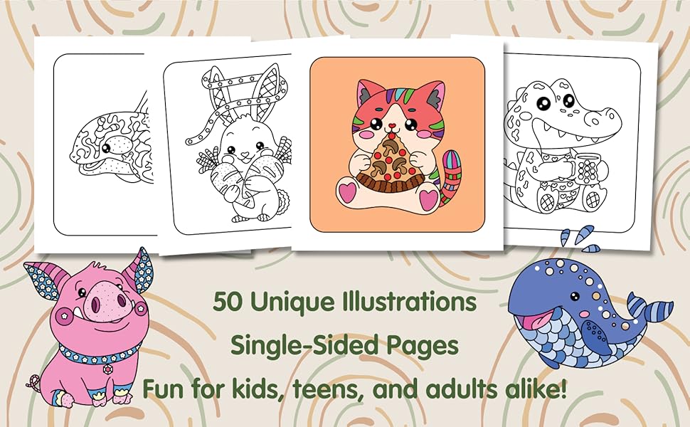 50 unique illustrations. Single-sided pages. Fun for kids and adults.