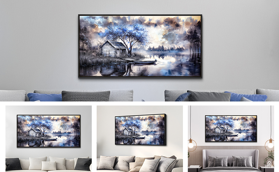 Blue Tree Lakeside Landscape Painting Black Frame