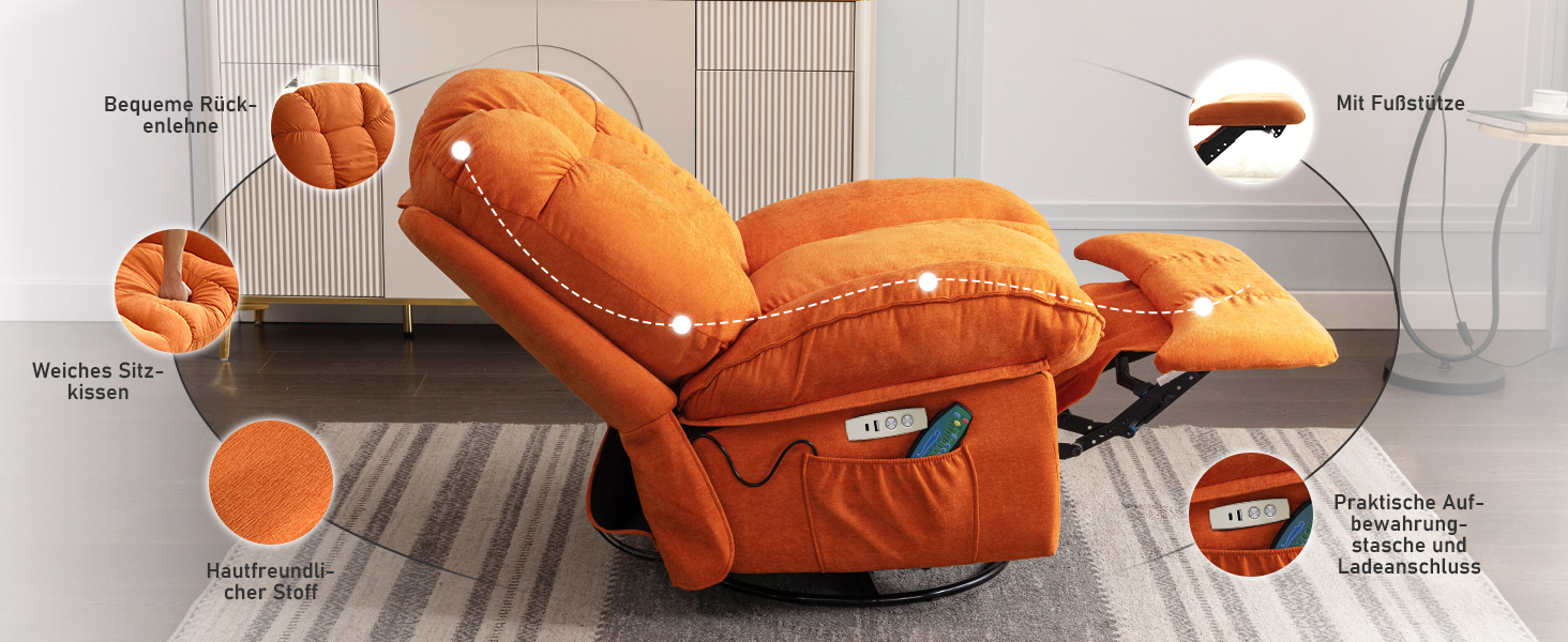 Mehrere Ansichten eines orangefarbenen Liegesessels oder Sofas mit verschiedenen Liegepositionen und -merkmalen, dargestellt mit detaillierten mechanischen Anmerkungen.