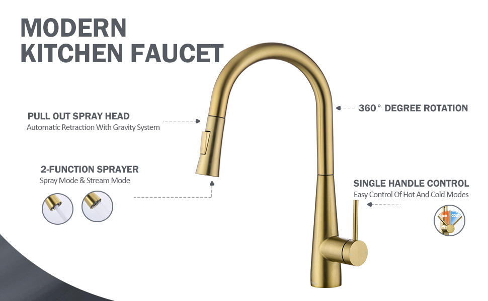 Tohlar Kitchen Tap, Gold Kitchen Tap, Kitchen Taps with Pull Out Spray