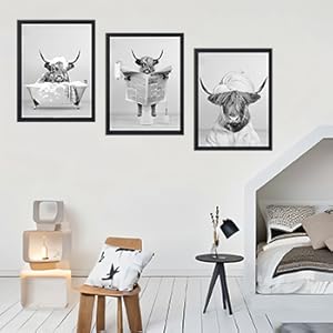 3pcs Funny Black and White Highland Cow Wall Art Stylish Canva Poster Printing Canvas Artwork