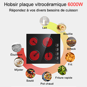 Hobsir Plaque Vitrocéramique 6000W, Plaque De Cuisson Vitroceramique 4 Feux, 9 Niveaux De Puissance, 4 Zones De Cuisson, Surface En Verre Noir Poli 59 Cm, Bouton De Commande, Fil Dur, Pas De Prise 14 300:300