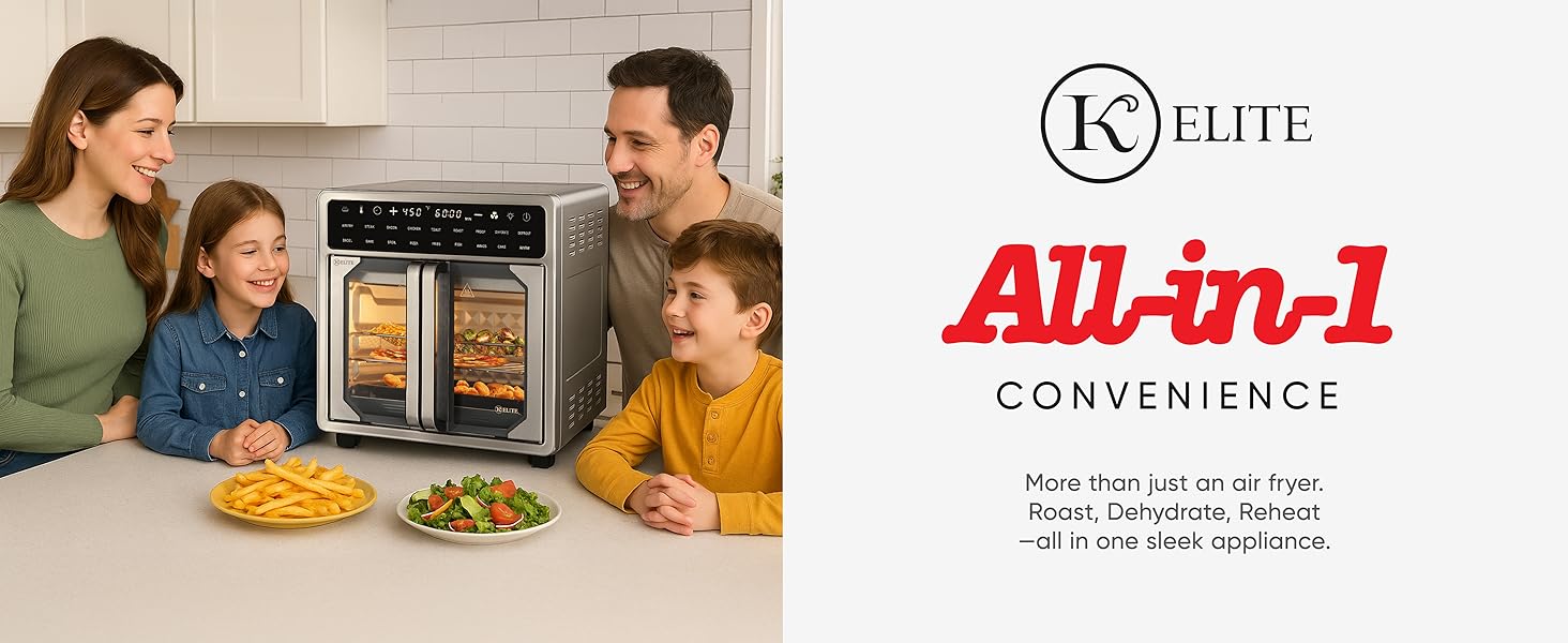 Family using air fryer with digital display. Text: All-in-1 Convenience  Text: All-in-1 Convenience
