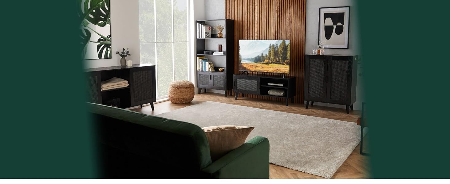Spinningfield Black TV Unit Rattan TV Stand for TV's up to 55