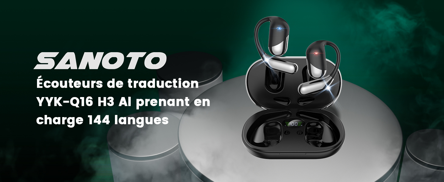 Le texte indique « SANOTO » et « YFK-Q18 II3 AI prenant en charge 144 langues ». Les écouteurs sans fil noirs apparaissent sur fond vert.
