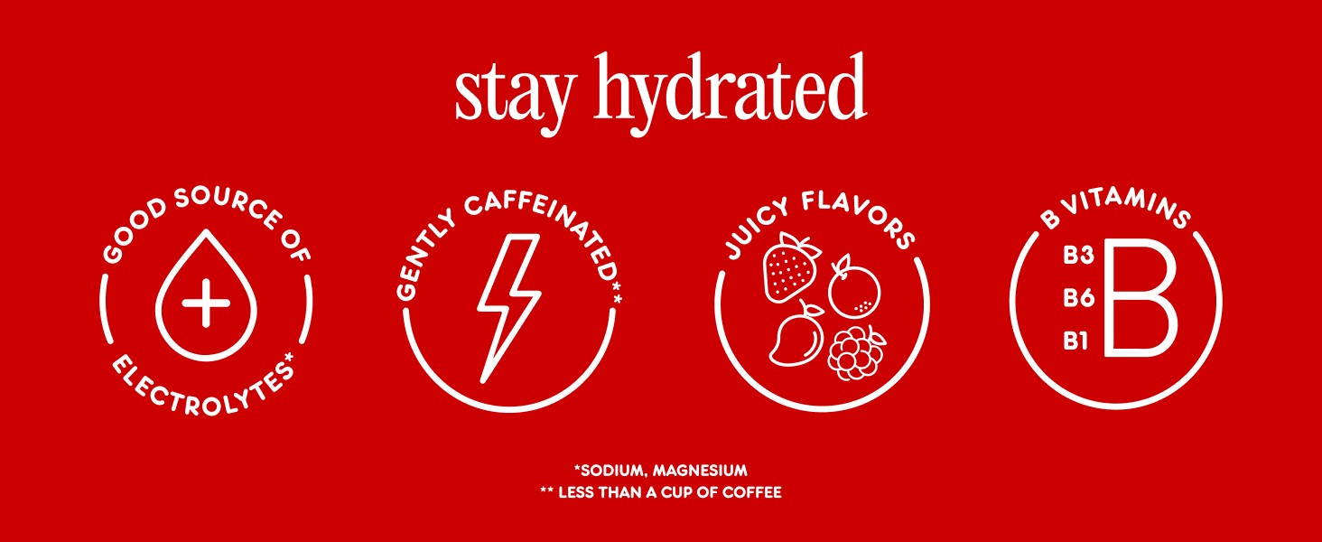 good source of electrolytes*, gently caffeinated**, juicy flavors, b vitamins b3 b6 b1