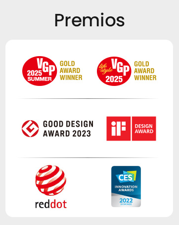 El texto dice «Premios». La colección de logotipos de premios, incluidos Red Dot, IF Design Award, Good Design Award 2023 y los premios a la innovación del CES, se muestran sobre fondo blanco.