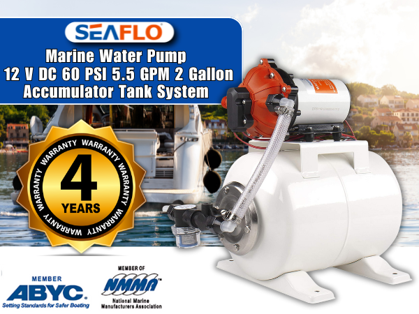 Marine Water Pump 12 V DC 60 PSI 5.5 GPM 2 Gallon Accumulator Tank System