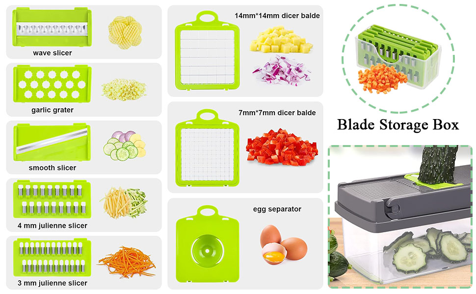 Multi-function kitchen tool set with various slicers, graters, and cutting blades. Includes blade storage box and egg separator. Demonstrates different cutting patterns for vegetables and fruits.