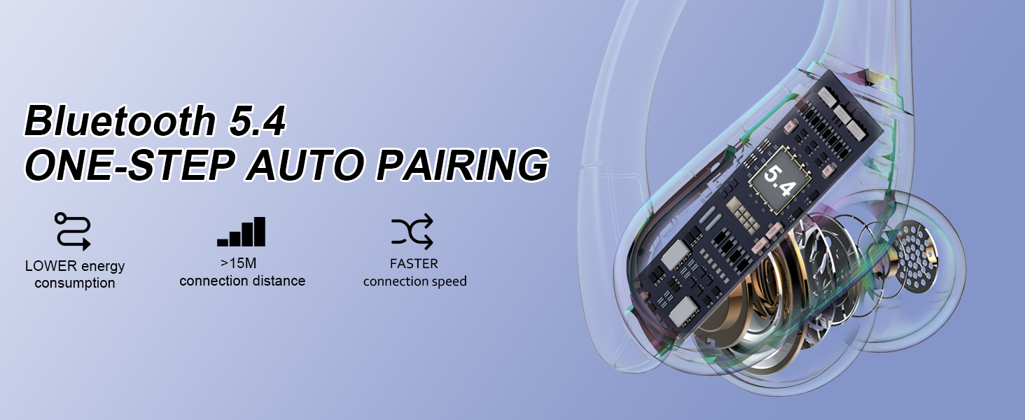 Text reads 'Bluetooth 5.4 ONE-STEP AUTO PAIRING'. Product diagram showing wireless earbud internals with three icons indicating features: battery indicator, wireless signal, and soundwave.