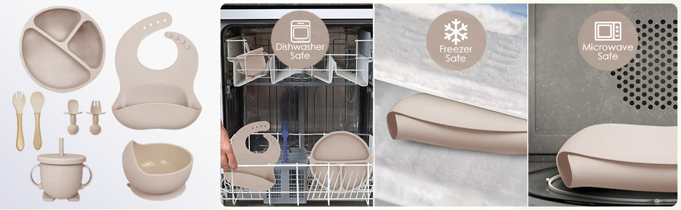 Set 10 piese hranire bebe, diversificare, silicon, baveta, farfurie, bol cu ventuza, lingurita si furculita, cana gustari, lingurita de lemn, si furculita de lemn, fara alergeni, ceasca dreapta, Roz. - Igiena si ingrijire - atMag.ro