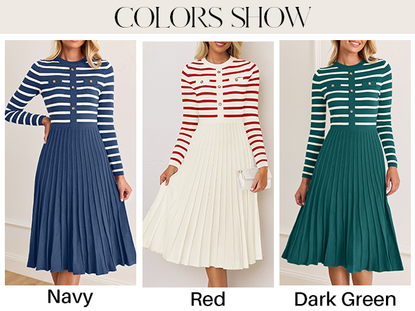 ZESICA Womens Long Sleeve Striped Midi Dresses Crewneck