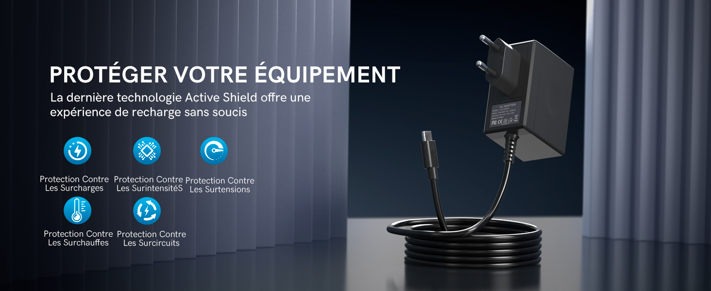 Schéma technique montrant les caractéristiques de protection des équipements électroniques avec trois icônes circulaires bleues indiquant les différentes capacités de protection.