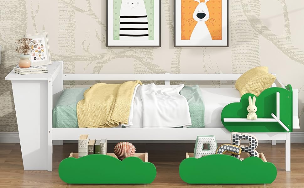 Merax Twin Daybed with Desk, Green Leaf Shape Drawers and