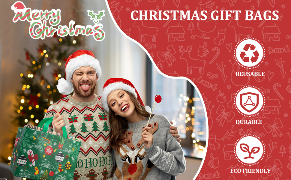Christmas gift bags advertisement. Features include recyclable, durable, and eco-friendly properties. Image shows festive holiday scene with decorated tree.