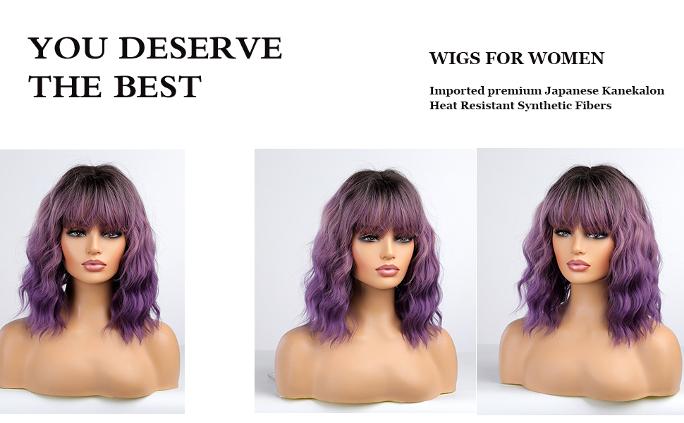 Esmee Short Wavy Ombre Purple Bob Wig with Bangs for Women Natural