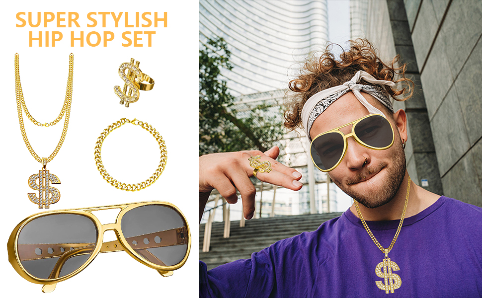 Seasboes 4 Stück Dollar Kette set, Hip Hop Kostüm Set, Hip Hop Kostüm ...