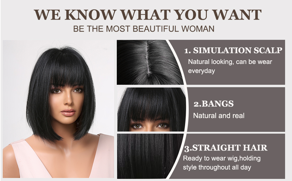 Esmee Short Straight Black Bob Wigs with Fringe for Women