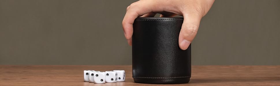  Premium Padded Black Leatherette Dice Cup with 5 Dice - Deluxe Casino Style Set