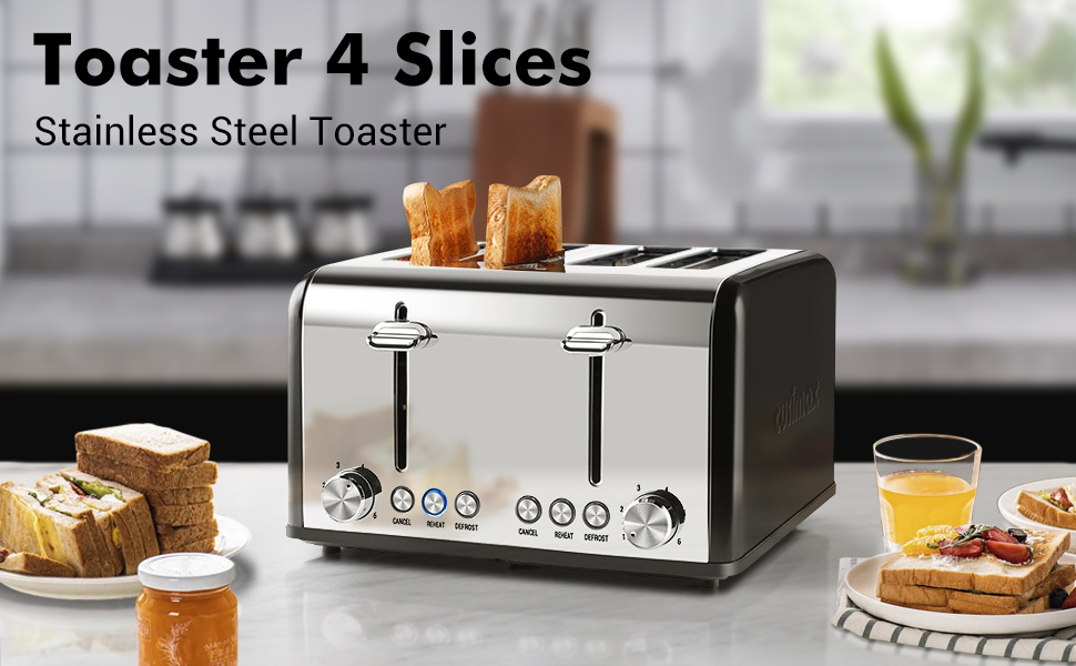 Cusimax Toaster, 4 Slices Toaster, Stainless Steel Toaster with 4 Extra