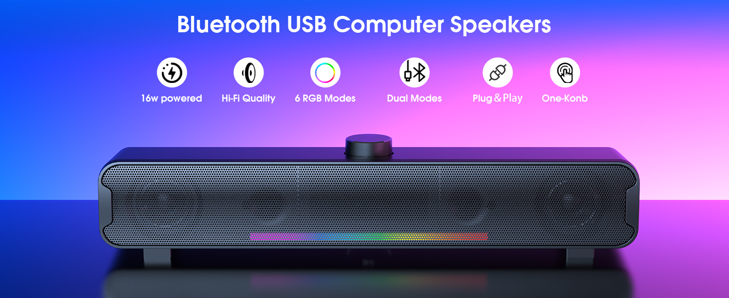 Computer Speakers, Bluetooth 5.3 RGB Laptop Sound Bar, 16W Dual 2.0